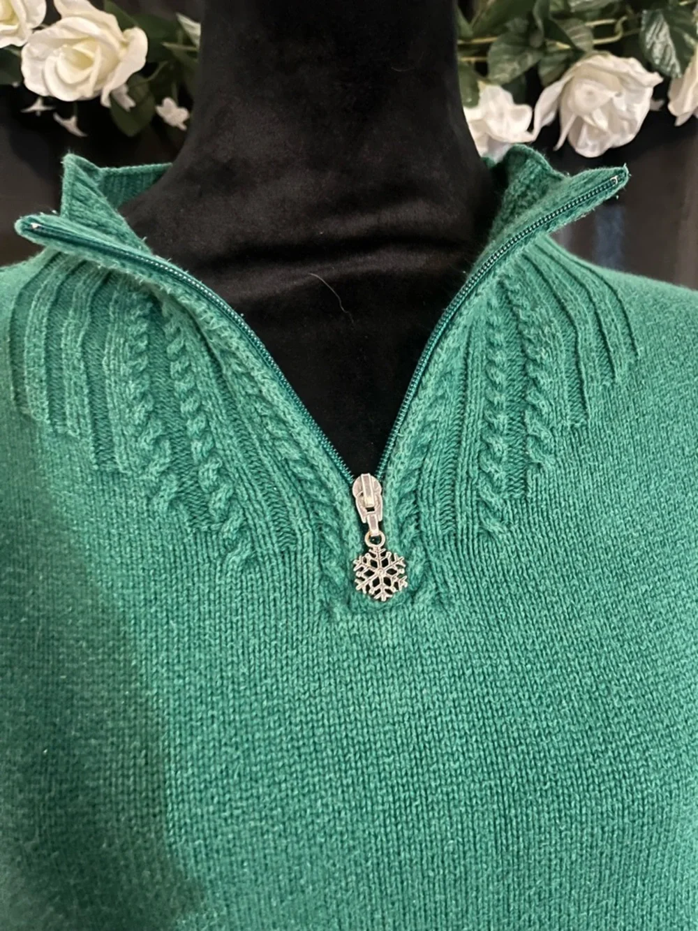 Coldwater Creek Women's Emerald Green Cable-Knit Half-Zip Sweater - Picture 2 of 4